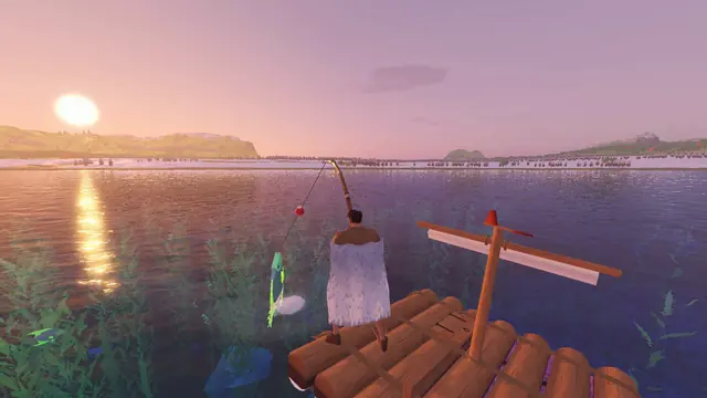 Fishing from a raft at sunset